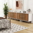 Meuble de rangement en rotin noir et blanc 150 cm – 3 tiroirs, étagères réglables, assemblage par 1 personne