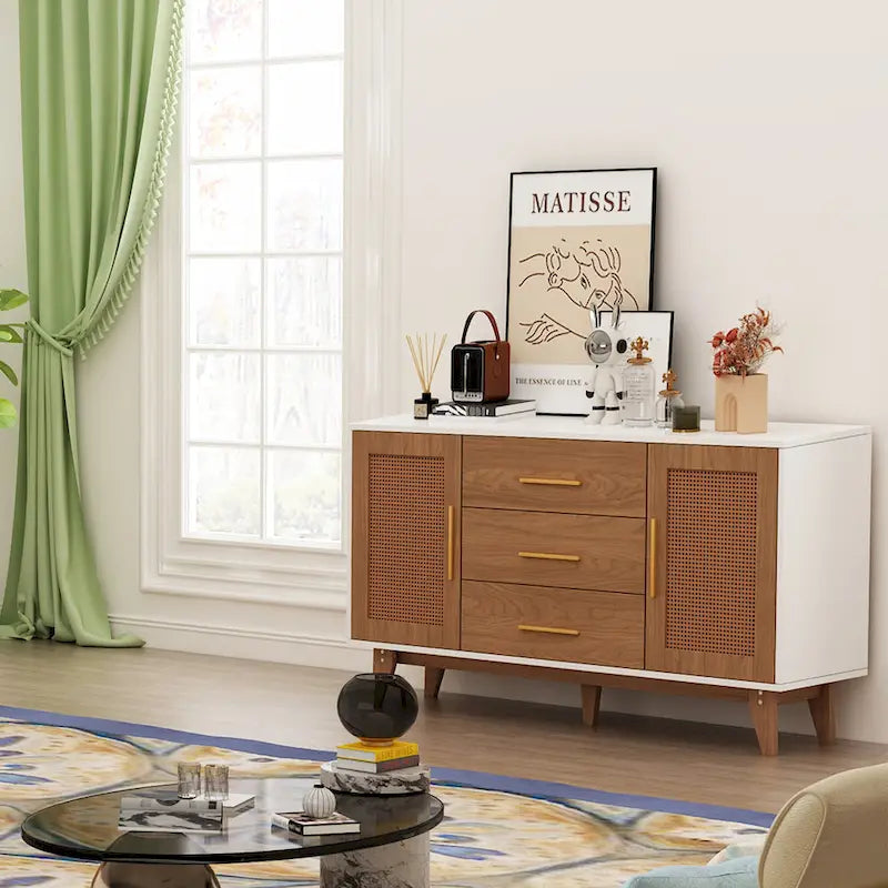 Meuble de rangement en rotin noir et blanc 150 cm – 3 tiroirs, étagères réglables, assemblage par 1 personne