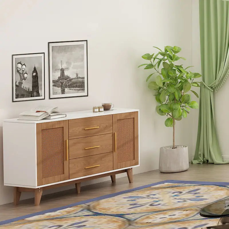 Meuble de rangement en rotin noir et blanc 150 cm – 3 tiroirs, étagères réglables, assemblage par 1 personne