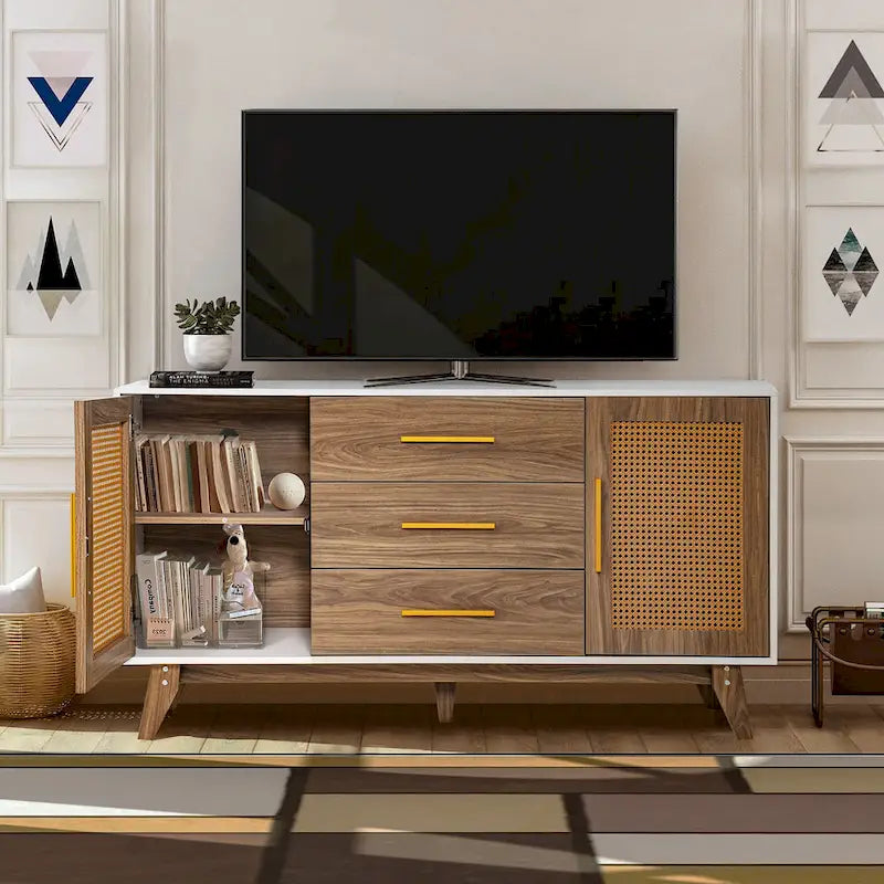 Meuble de rangement en rotin noir et blanc 150 cm – 3 tiroirs, étagères réglables, assemblage par 1 personne