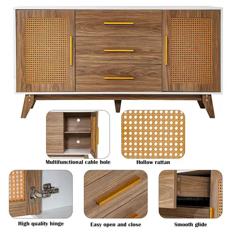 Meuble de rangement en rotin noir et blanc 150 cm – 3 tiroirs, étagères réglables, assemblage par 1 personne