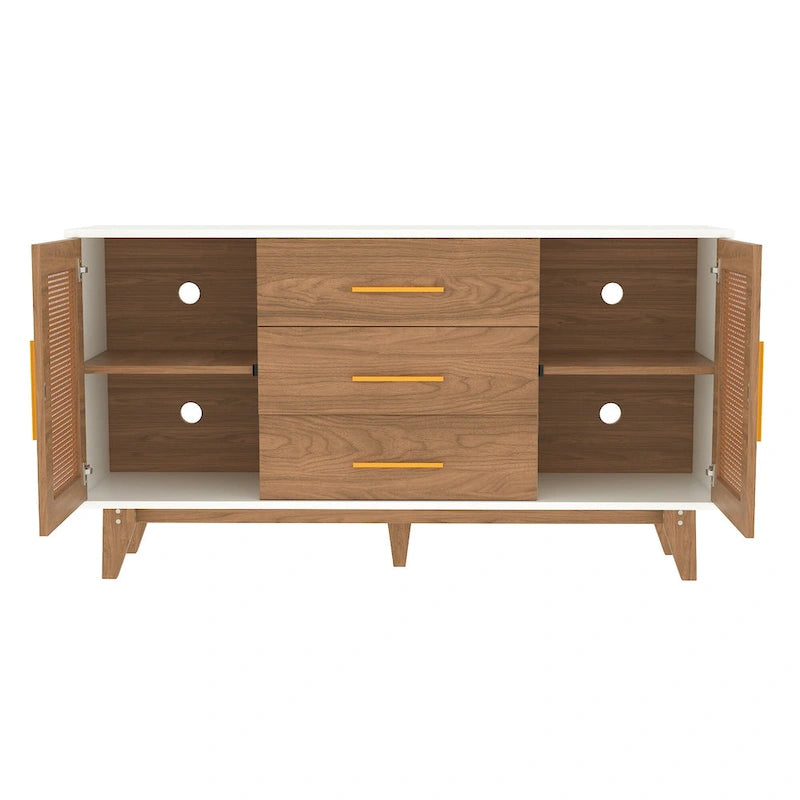 Meuble de rangement en rotin noir et blanc 150 cm – 3 tiroirs, étagères réglables, assemblage par 1 personne