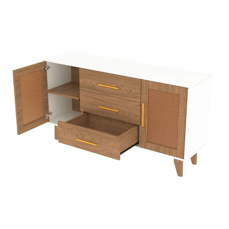 Meuble de rangement en rotin noir et blanc 150 cm – 3 tiroirs, étagères réglables, assemblage par 1 personne