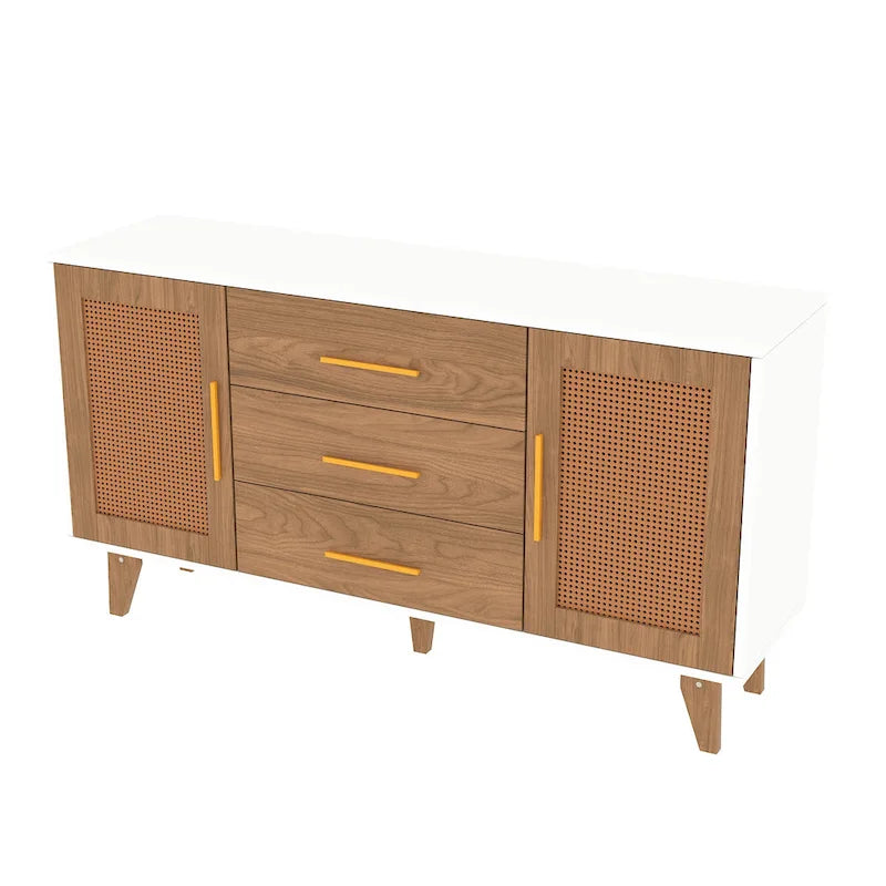 Meuble de rangement en rotin noir et blanc 150 cm – 3 tiroirs, étagères réglables, assemblage par 1 personne