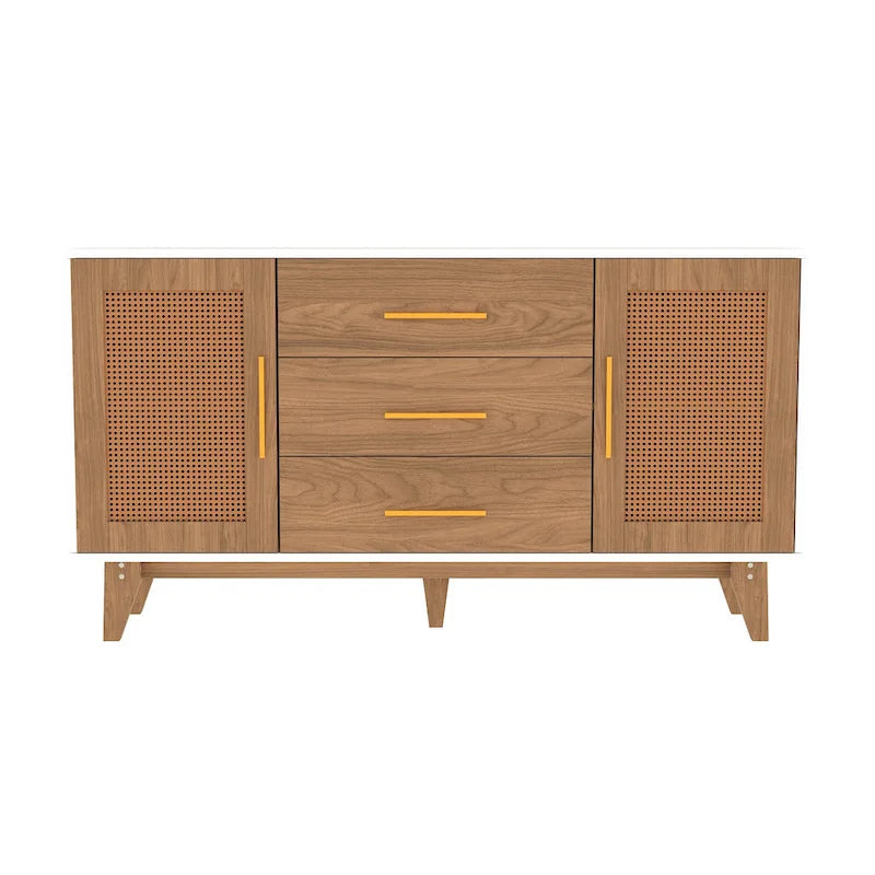 Meuble de rangement en rotin noir et blanc 150 cm – 3 tiroirs, étagères réglables, assemblage par 1 personne