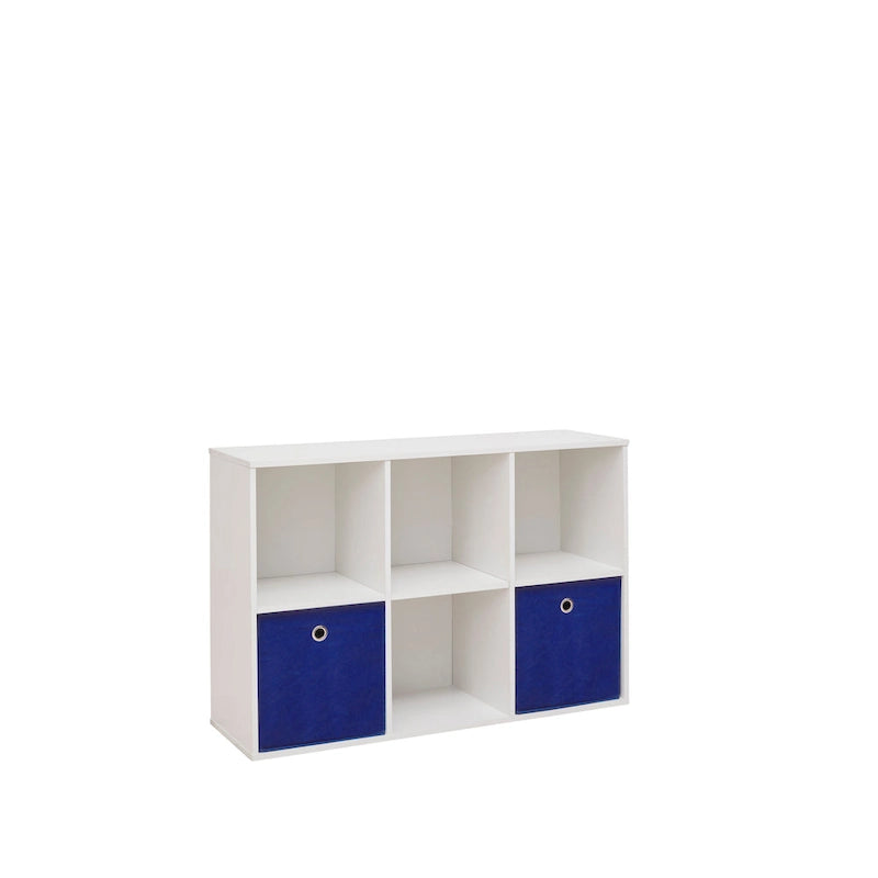 Étagère de rangement blanche à 6 casiers avec 2 paniers en tissu