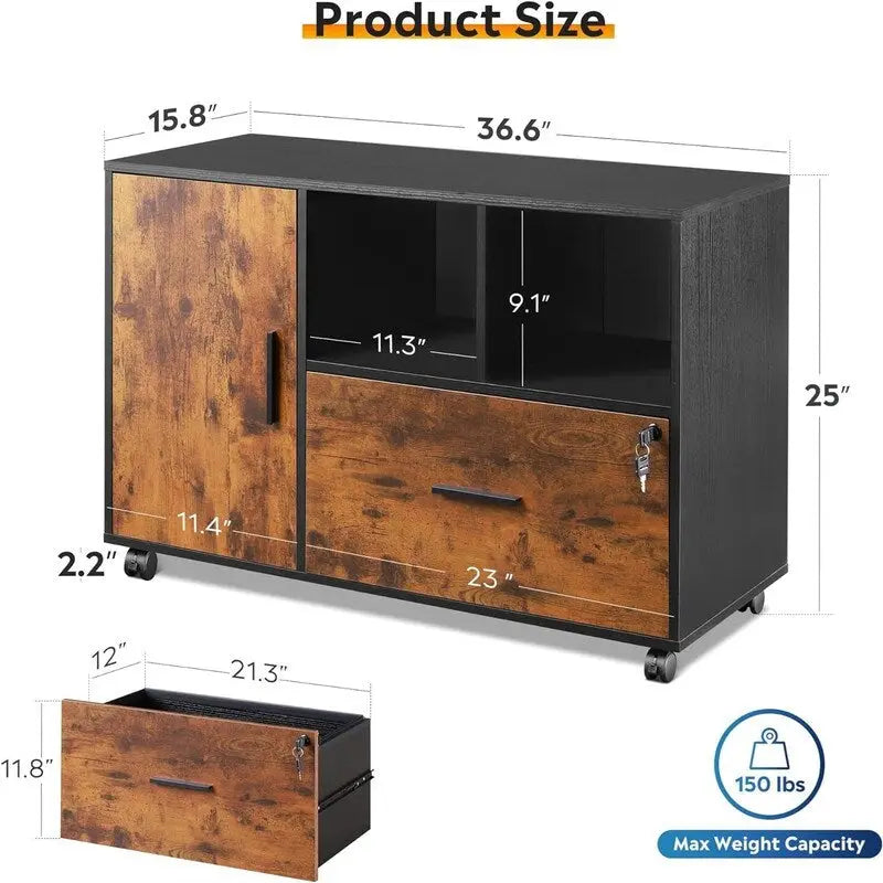 Meuble de classement latéral en bois à 1 tiroir, marron rustique / blanc / noir