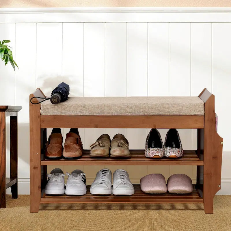 Banc range-chaussures en bambou marron, 2 niveaux, 6 paires, 100,5x29,5x49,8 cm