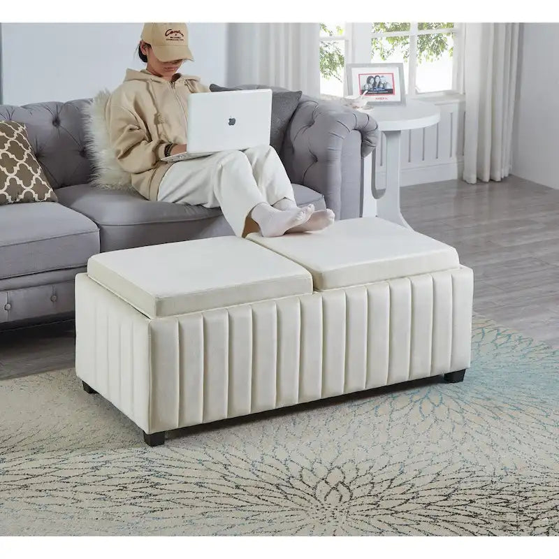 Banc ottoman de rangement carré en velours beige avec plateau, simple
