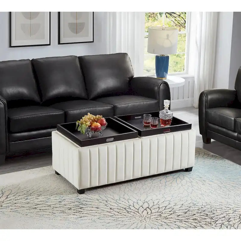 Banc ottoman de rangement carré en velours beige avec plateau, simple