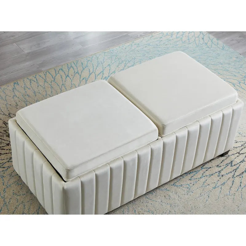 Banc ottoman de rangement carré en velours beige avec plateau, simple