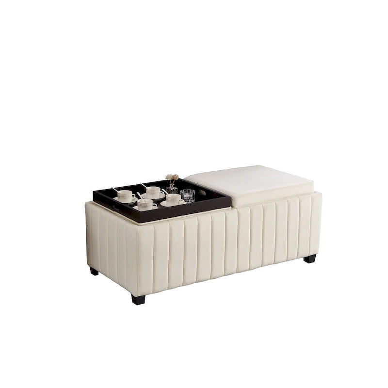 Banc ottoman de rangement carré en velours beige avec plateau, simple