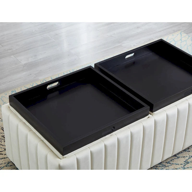 Banc ottoman de rangement carré en velours beige avec plateau, simple