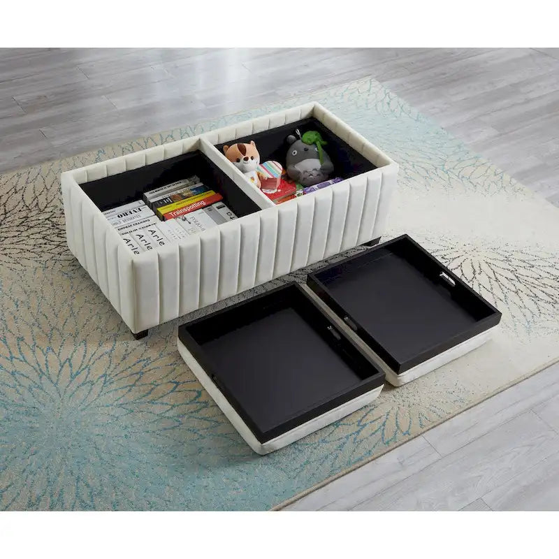 Banc ottoman de rangement carré en velours beige avec plateau, simple