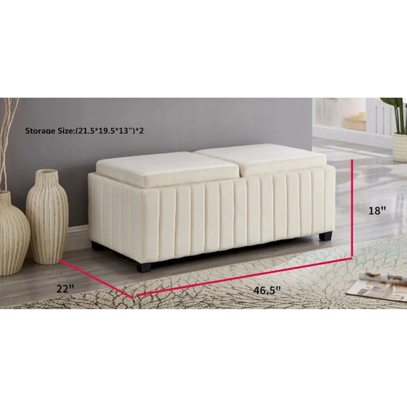 Banc ottoman de rangement carré en velours beige avec plateau, simple