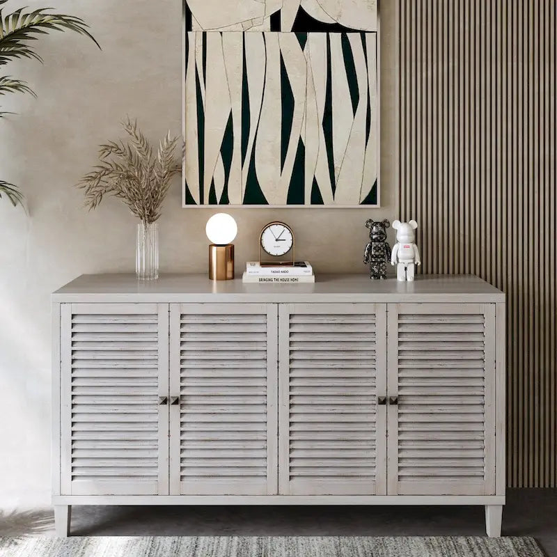 Bahut à persiennes à 4 portes blanchi, style minimaliste, pour foyer de 1 à 2 personnes
