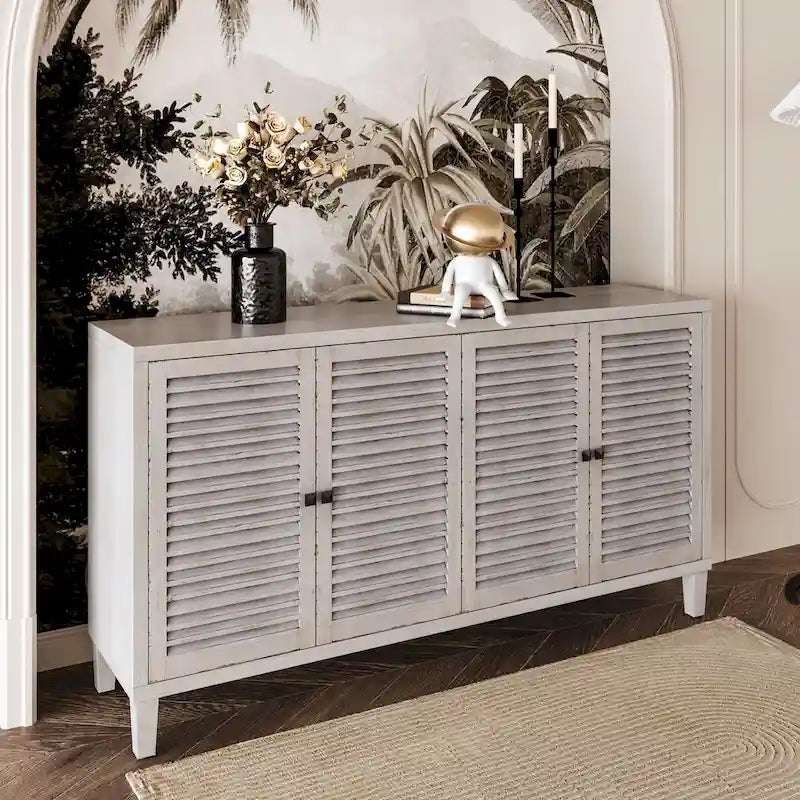Bahut à persiennes à 4 portes blanchi, style minimaliste, pour foyer de 1 à 2 personnes