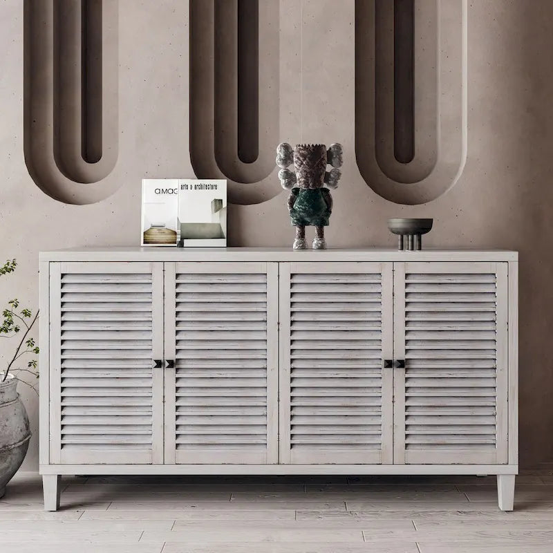Bahut à persiennes à 4 portes blanchi, style minimaliste, pour foyer de 1 à 2 personnes