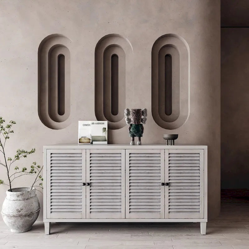 Bahut à persiennes à 4 portes blanchi, style minimaliste, pour foyer de 1 à 2 personnes