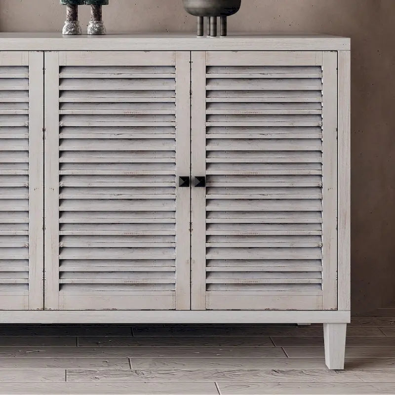 Bahut à persiennes à 4 portes blanchi, style minimaliste, pour foyer de 1 à 2 personnes