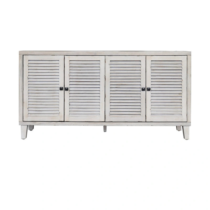 Bahut à persiennes à 4 portes blanchi, style minimaliste, pour foyer de 1 à 2 personnes