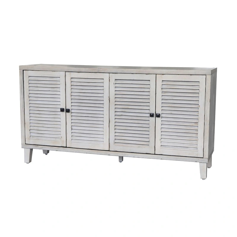 Bahut à persiennes à 4 portes blanchi, style minimaliste, pour foyer de 1 à 2 personnes