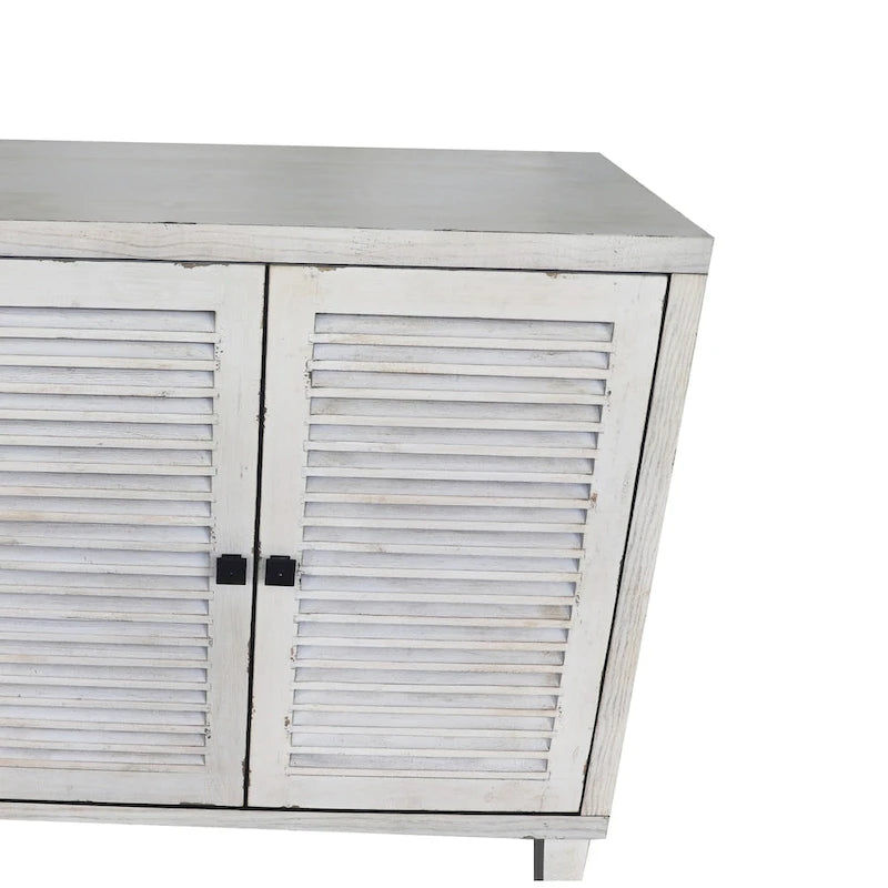 Bahut à persiennes à 4 portes blanchi, style minimaliste, pour foyer de 1 à 2 personnes