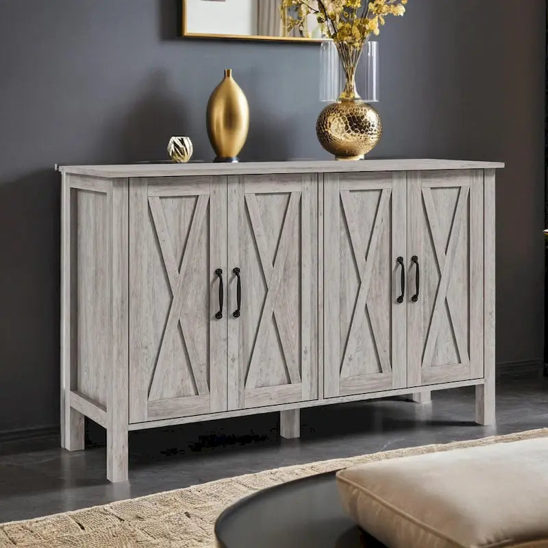 47  Sideboard with 4 Barn Doors and 2 Adjustable Shelves, Farmhouse Coffee Bar Cabinet, Gray Wood Grain