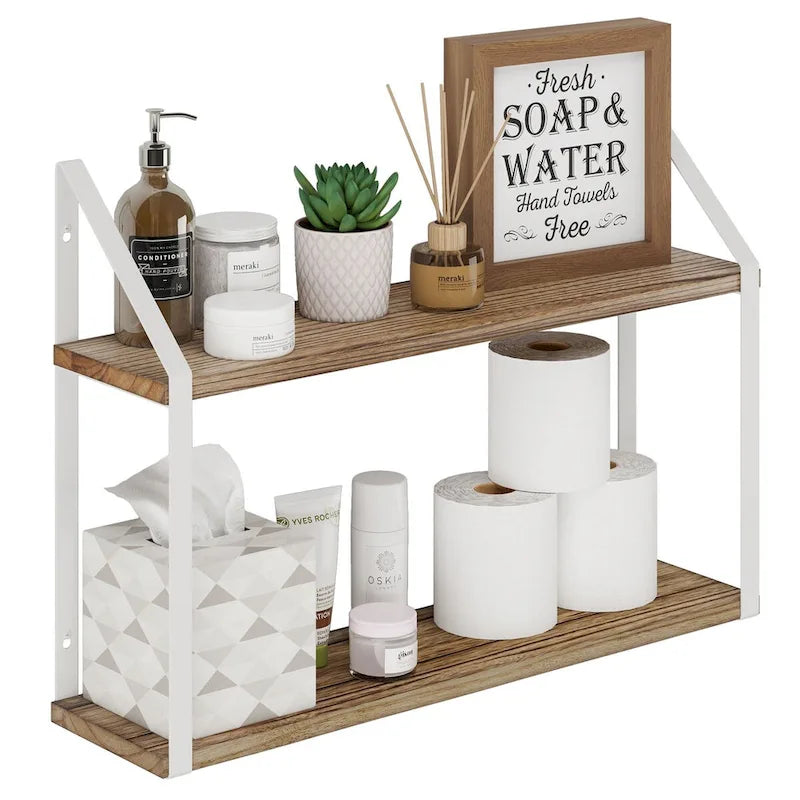 Wallniture Modena 2 Tier Shelves with White Brackets, Bathroom Wall Decor, 24x6 , Burnt