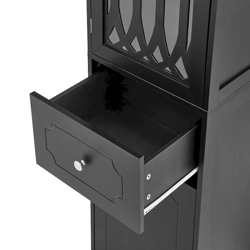 Meuble de rangement de salle de bain autoportant haut noir avec tiroir et porte en acrylique
