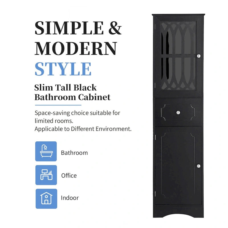 Meuble de rangement de salle de bain autoportant haut noir avec tiroir et porte en acrylique