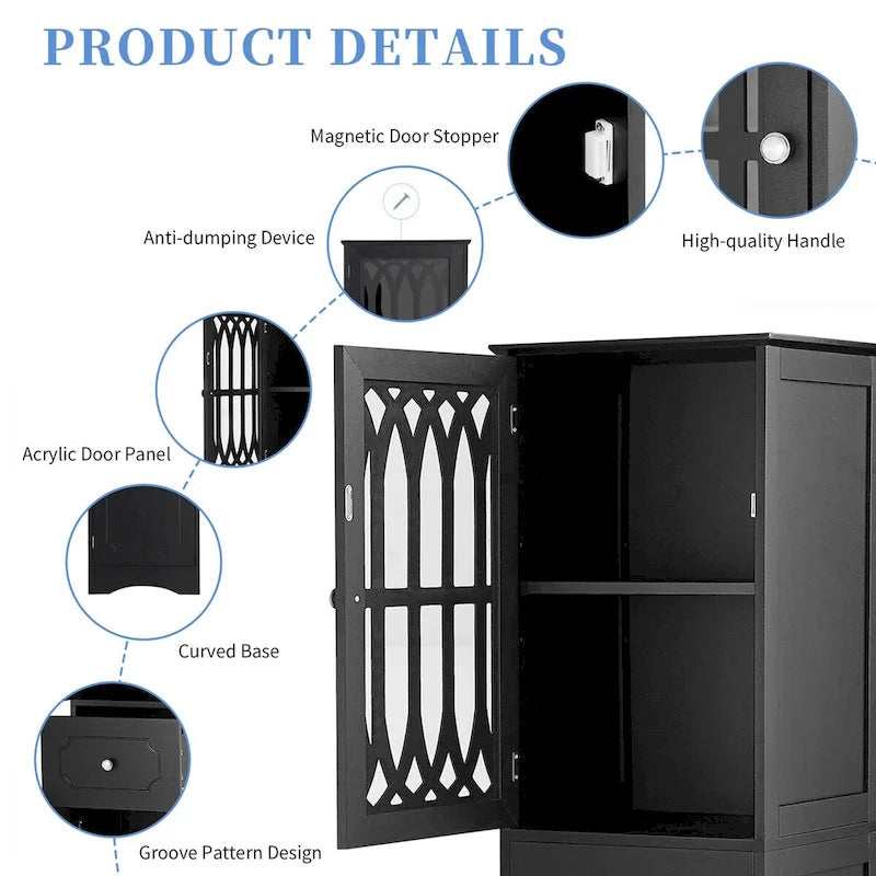 Meuble de rangement de salle de bain autoportant haut noir avec tiroir et porte en acrylique