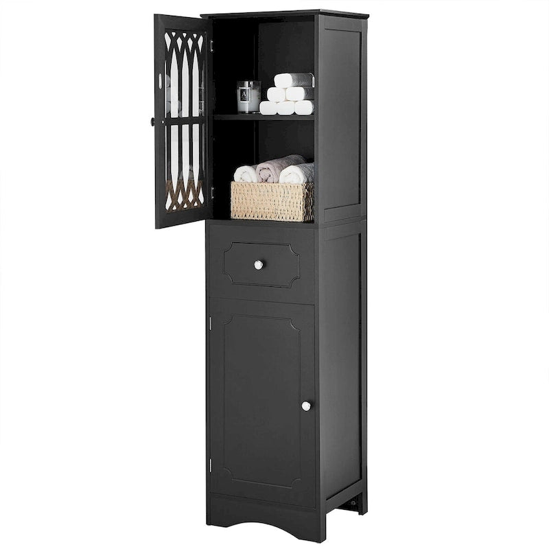 Meuble de rangement de salle de bain autoportant haut noir avec tiroir et porte en acrylique