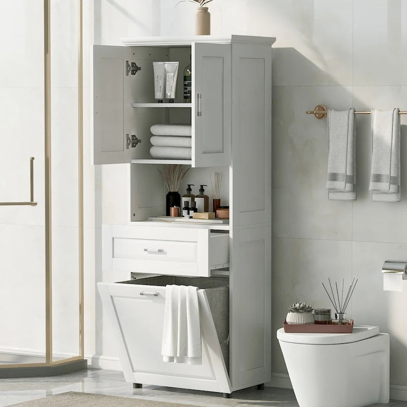 Meuble de salle de bain haut peint en blanc avec panier à linge, 1 tiroir et 2 portes