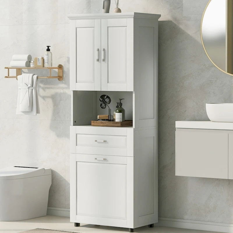 Meuble de salle de bain haut peint en blanc avec panier à linge, 1 tiroir et 2 portes