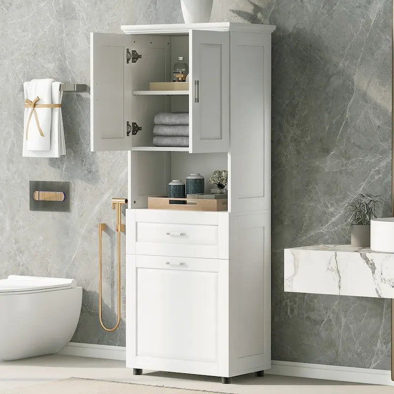 Meuble de salle de bain haut peint en blanc avec panier à linge, 1 tiroir et 2 portes