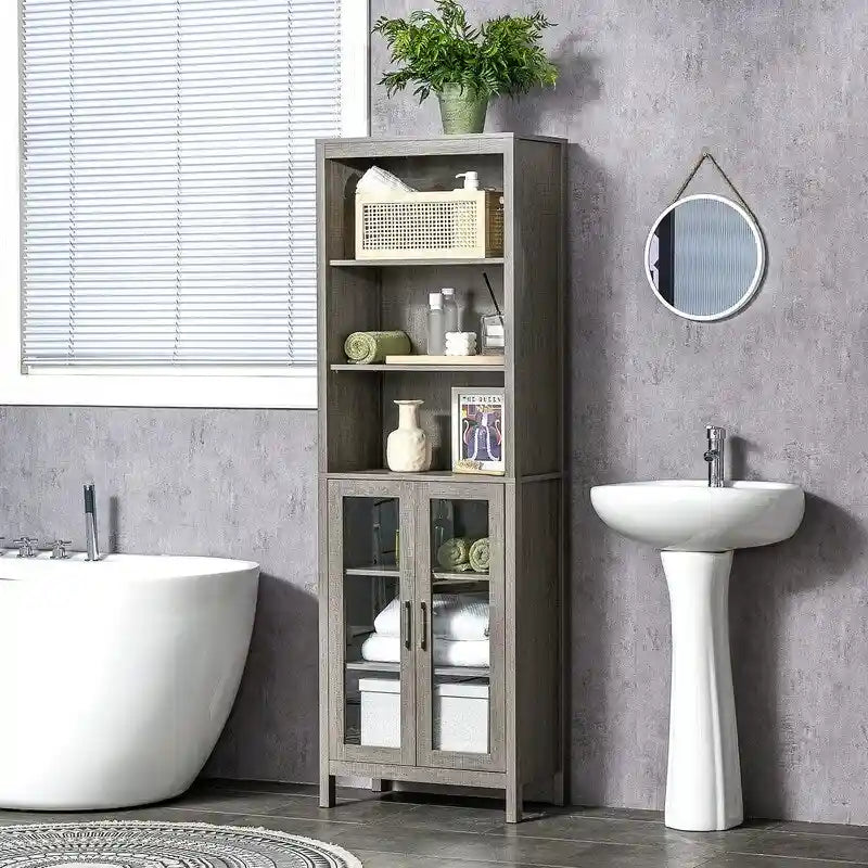 Meuble de rangement haut et étroit pour salle de bain, gris/blanc