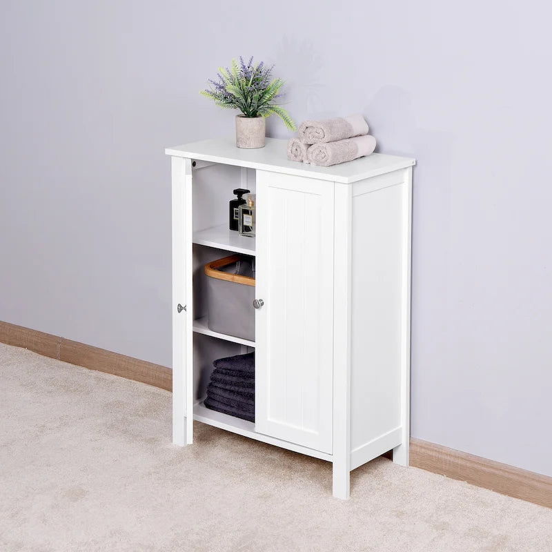 Meuble de rangement double porte blanc sur pied, étagère réglable, assemblage par 1 personne