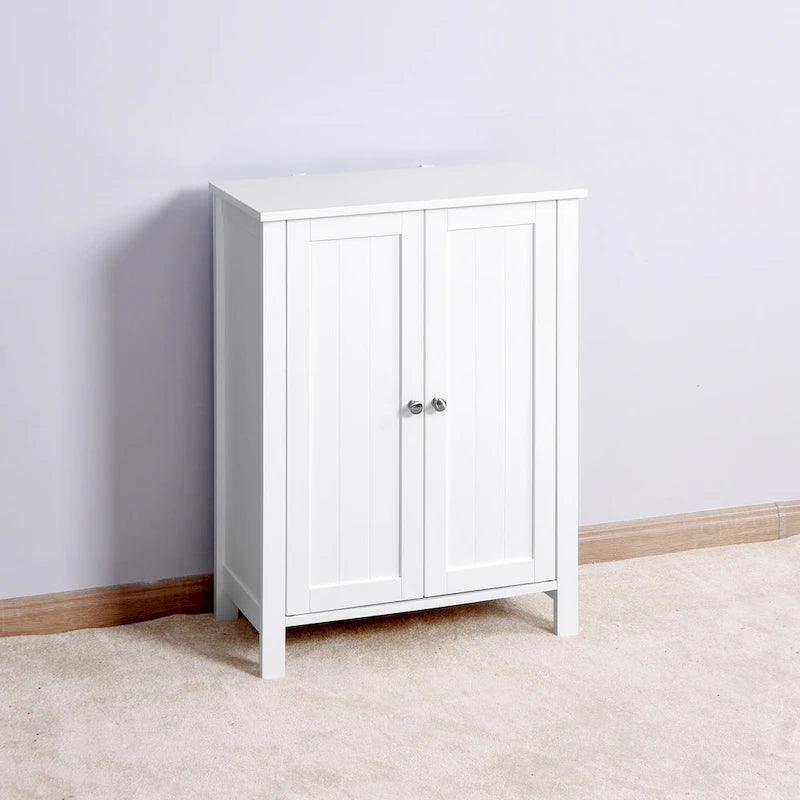 Meuble de rangement double porte blanc sur pied, étagère réglable, assemblage par 1 personne