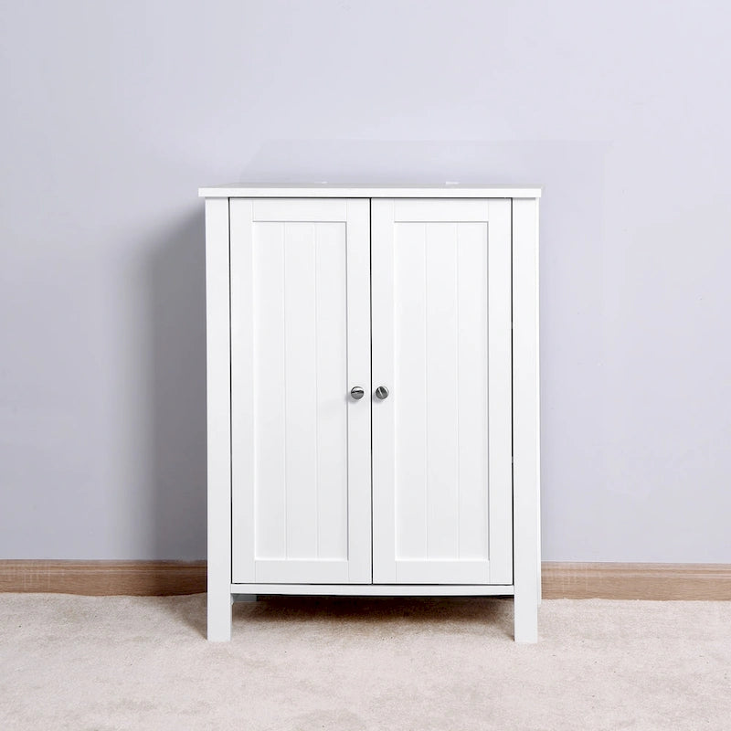 Meuble de rangement double porte blanc sur pied, étagère réglable, assemblage par 1 personne