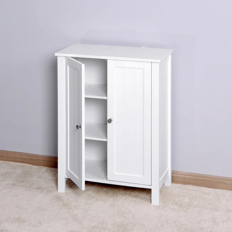 Meuble de rangement double porte blanc sur pied, étagère réglable, assemblage par 1 personne