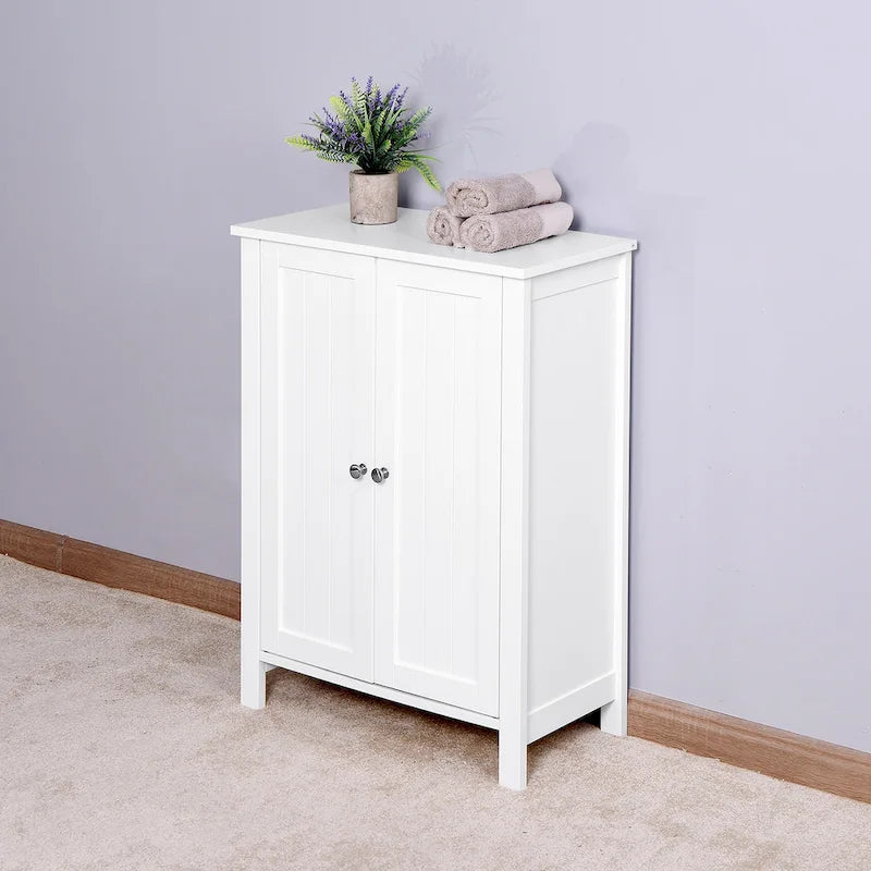 Meuble de rangement double porte blanc sur pied, étagère réglable, assemblage par 1 personne
