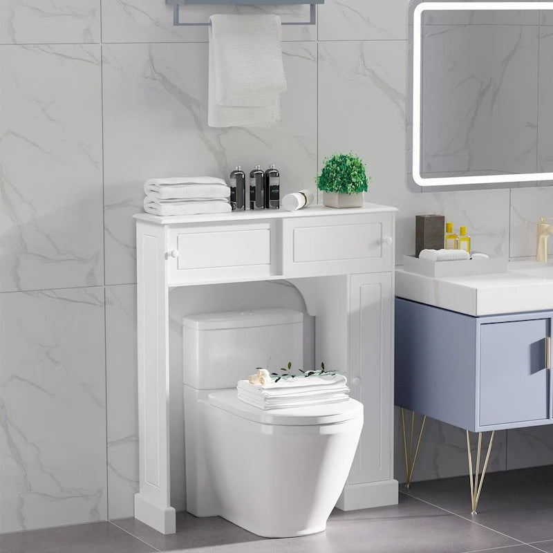 Meuble de rangement blanc à poser au-dessus des toilettes avec portes coulissantes et étagère réglable