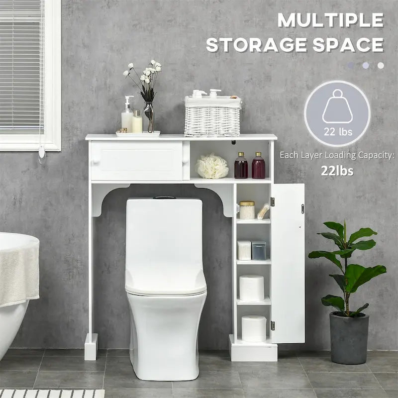 Meuble de rangement blanc à poser au-dessus des toilettes avec portes coulissantes et étagère réglable