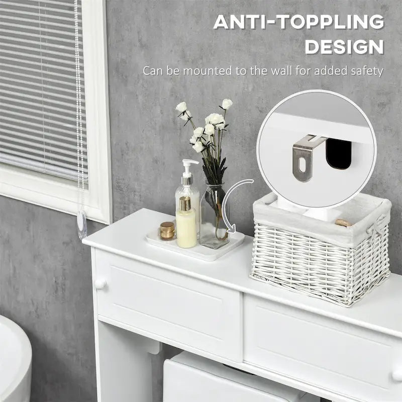 Meuble de rangement blanc à poser au-dessus des toilettes avec portes coulissantes et étagère réglable