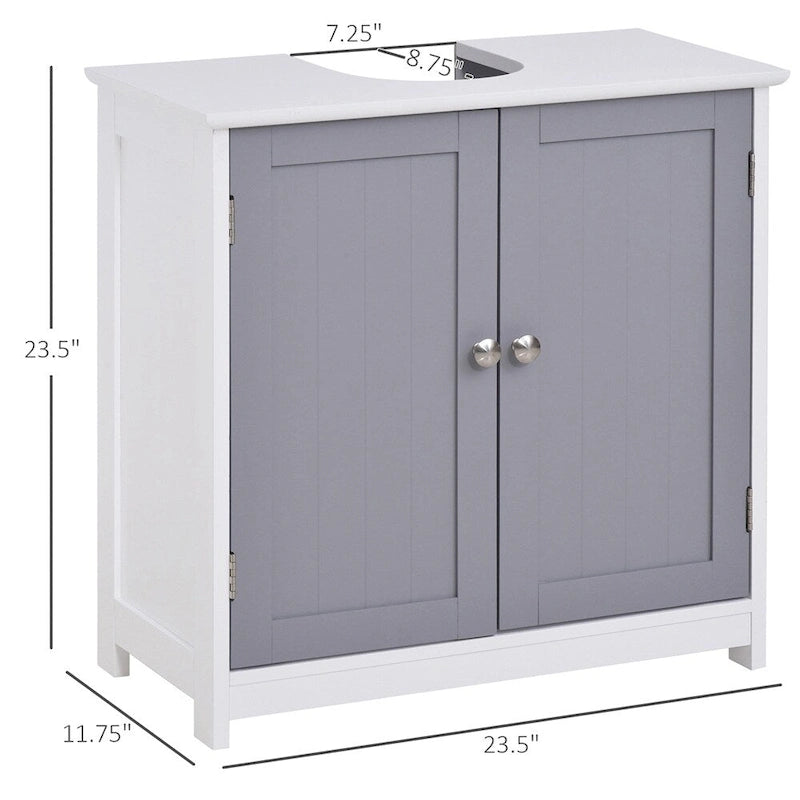 Meuble de rangement sous évier en U, double porte, 1 personne, blanc et gris