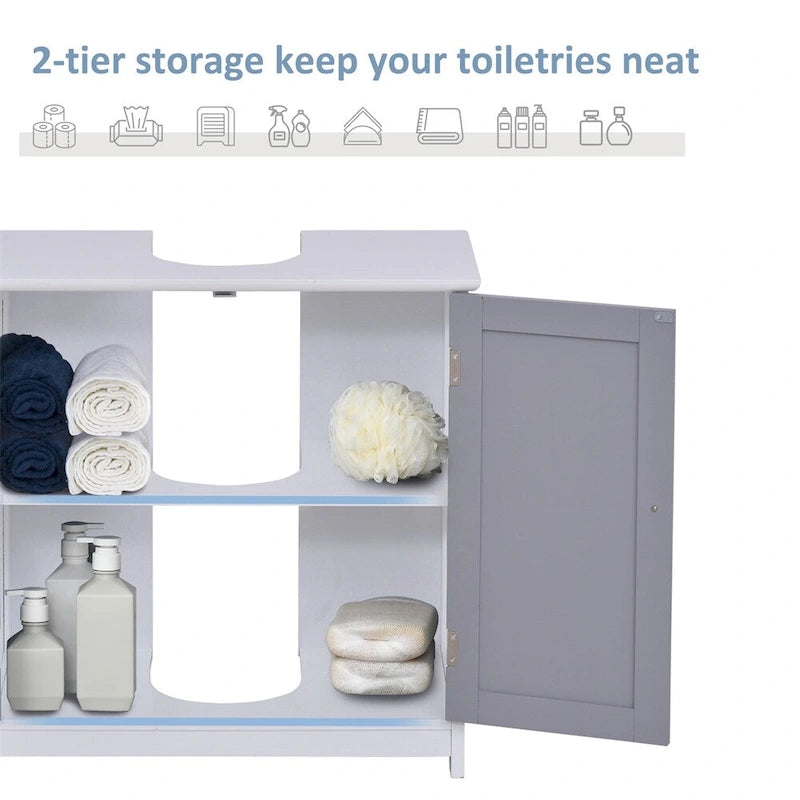 Meuble de rangement sous évier en U, double porte, 1 personne, blanc et gris