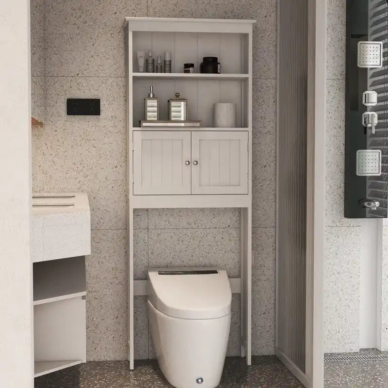 Meuble de rangement WC 2 portes avec 2 étagères ouvertes, finition bois blanc, autoportant