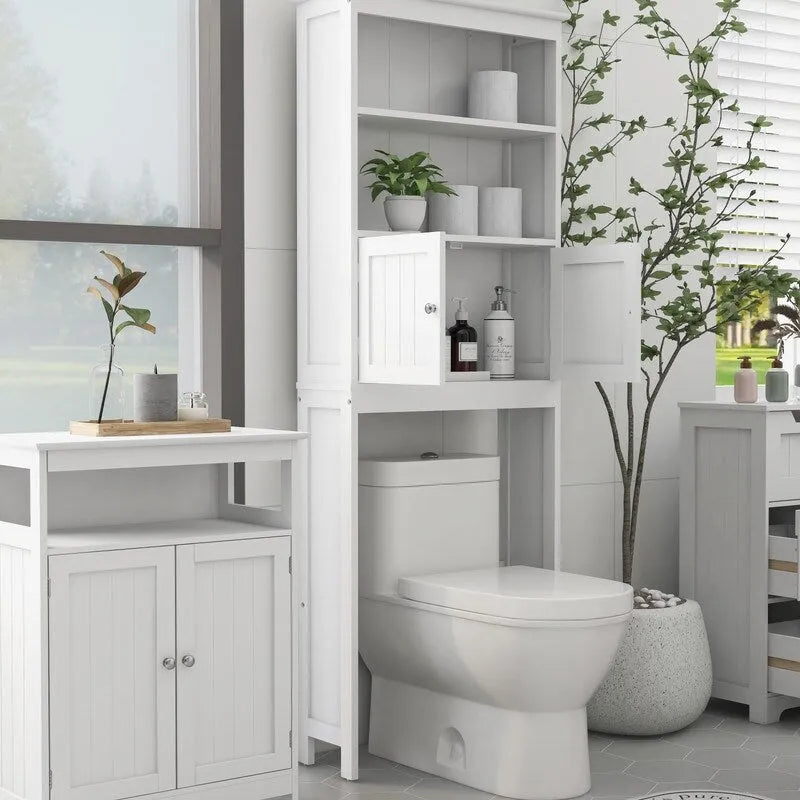 Meuble de rangement WC 2 portes avec 2 étagères ouvertes, finition bois blanc, autoportant