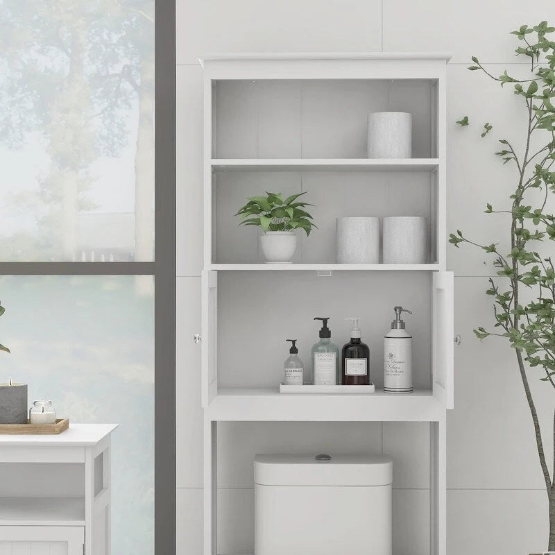 Meuble de rangement WC 2 portes avec 2 étagères ouvertes, finition bois blanc, autoportant
